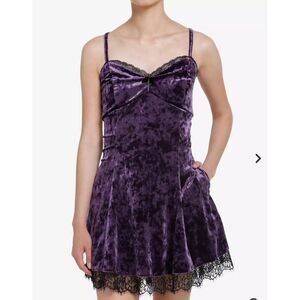 Hot Topic Cosmic Aura Slip Dress M Babydoll Purple Velvet‎ Lace Trim Pocket Y2K